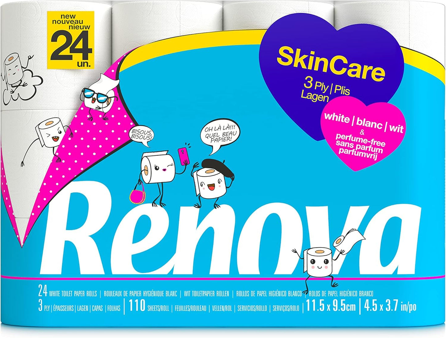 Renova Skincare toiletpapir, 3 lag, hvidt, 24 ruller