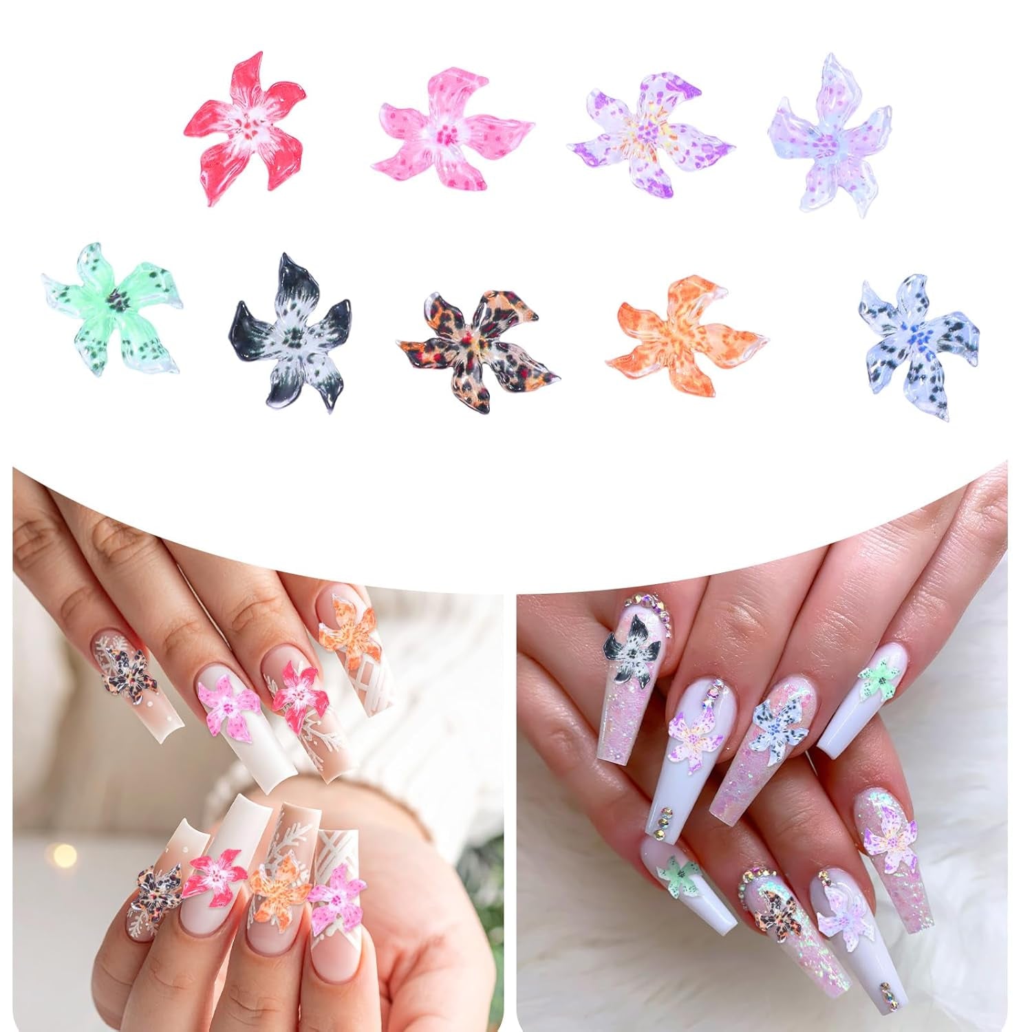 50 stk 3D Blumen Nägel Nail Charms Bunt Gelee Weich Kleber Lilie Flower Blume Nagel Hibiscus Zubehör Nageldesign Eis Kristall Geprägt Farbverlauf Lilien Für Mädchen Frauen Diy Basteldekoration