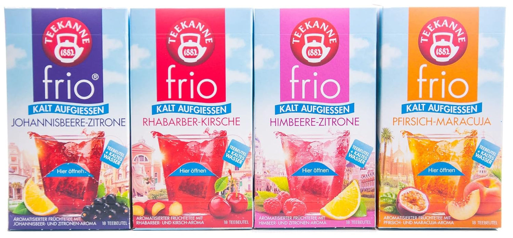 Teekanne Frio pakke med 4, kirsebærrabarber, citron ribs, citron hindbær, passionsfrugt fersken (4 x 45 g)