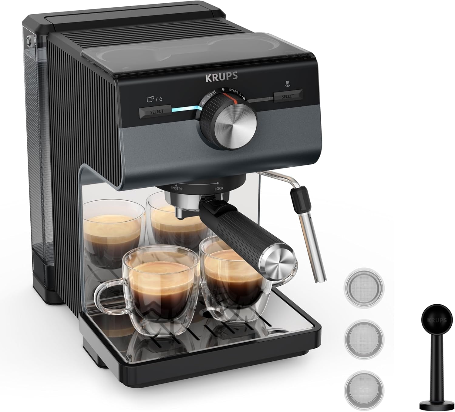 KRUPS Authentic+ espressomaskine, 15 bar, intuitiv betjening, sofistikeret design, dampmundstykke, inklusive udvidet tilbehør, Bullet Dark sølv/rustfrit stål, XP384G10