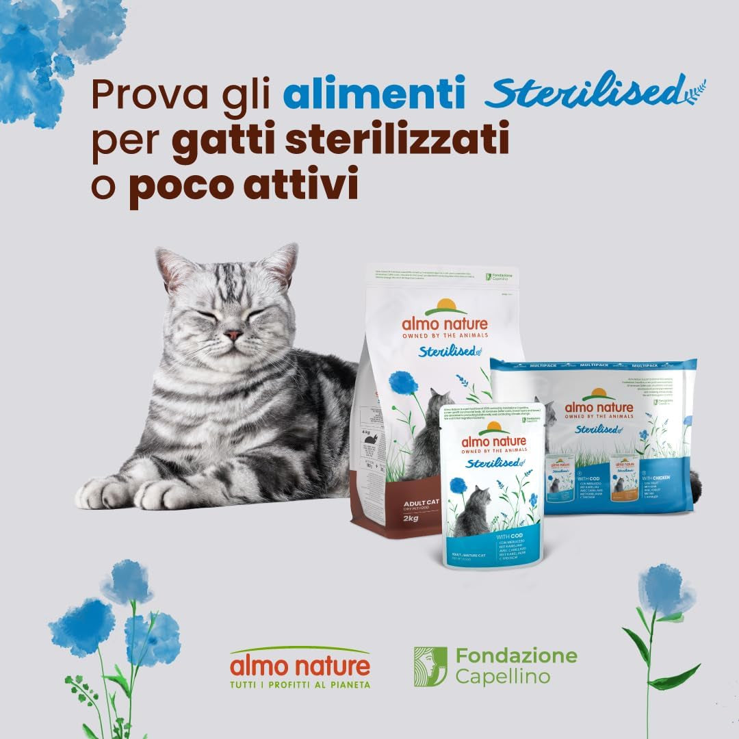 Almo Nature Functional - Steriliseret - Vådfoder til voksne og seniorkatte, steriliseret eller mindre aktive - med torsk og kylling - Fedtfattig, fugtgivende - 70g (pakke med 6)