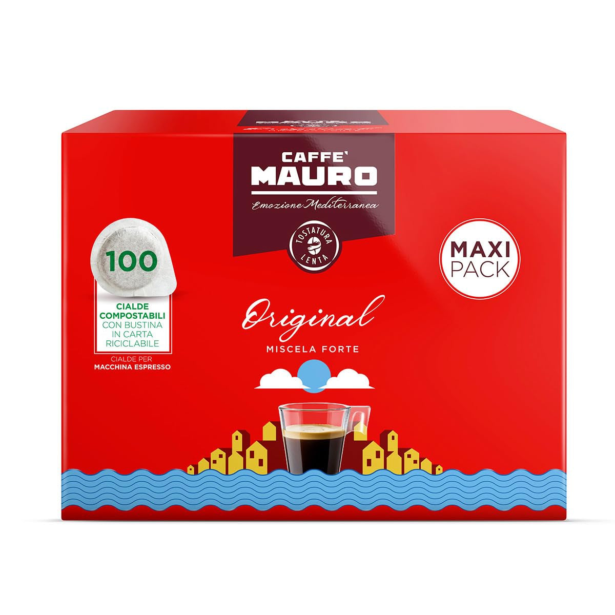 Caffè Mauro Torrefazione Kaffee Komposterbare Pods, Genbrugspakke, Original Mischung - 100 stk - Intensitet 10/10 - Kompatibel med ESE System Papir Pads 44 mm