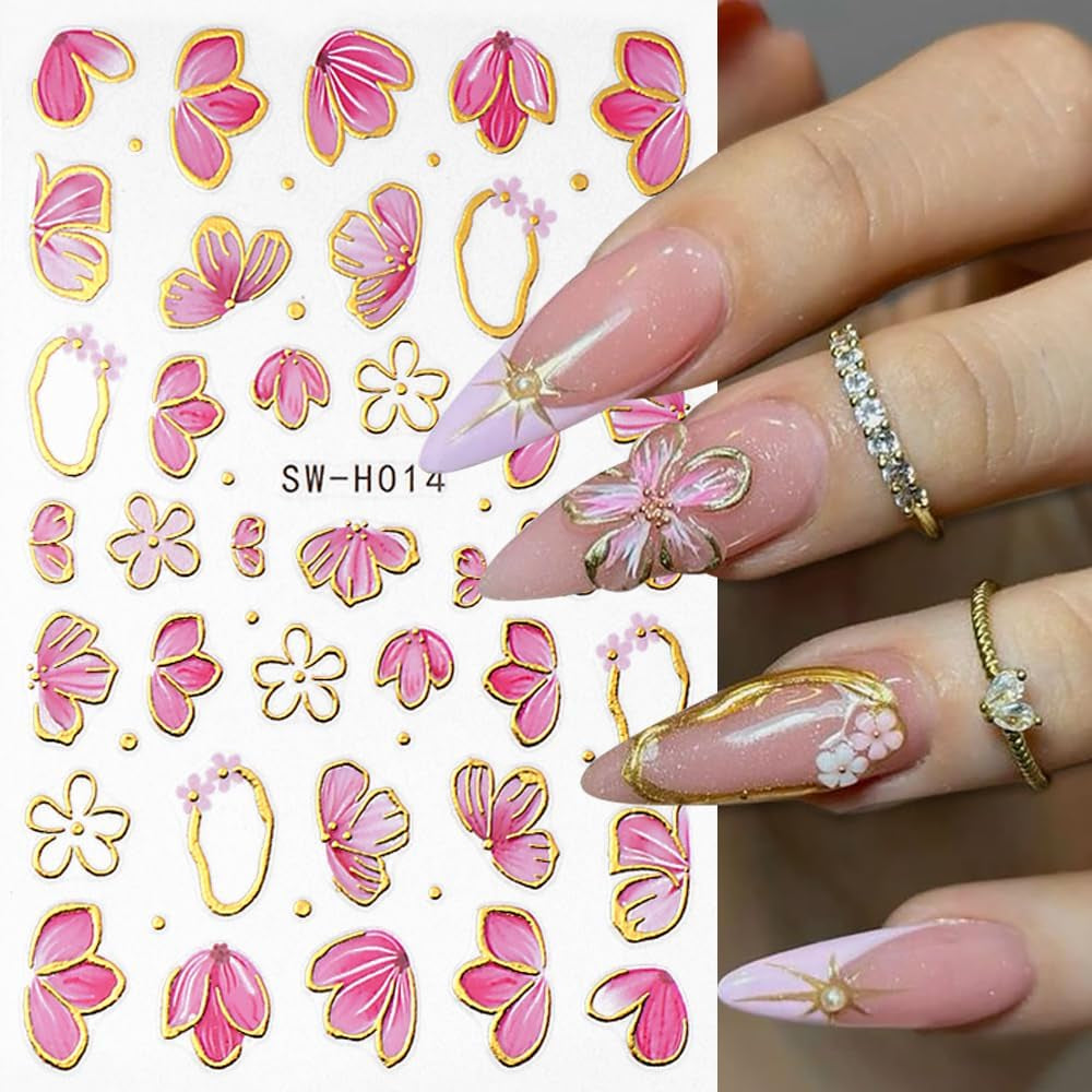 Guld Linie Schieber Rosa Nagelsticker Blumen 3D Flower Nail Sticker Sakura Blütenblätter Blumen Nagelaufkleber Frühling Sommer Floral Nagel Sticker Flowers Nagel Stickers Nageldesign Zubehör Nail Art