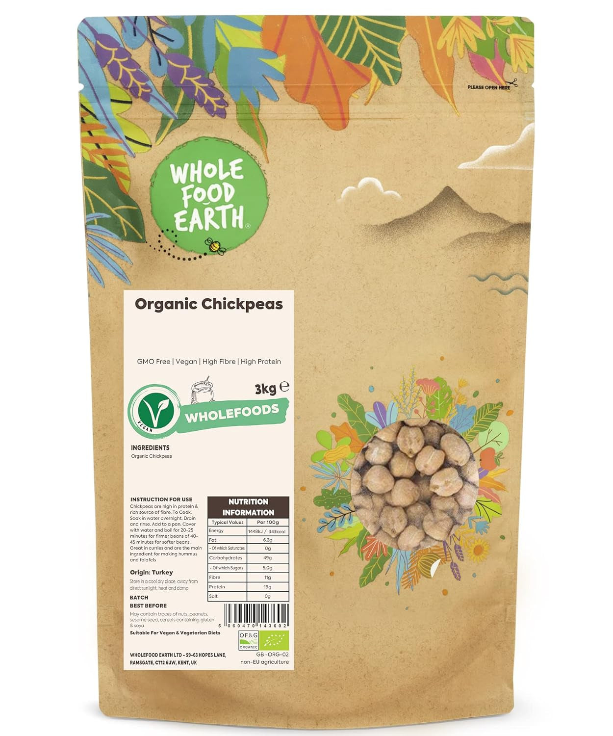 Wholefood Jord økologiske kikærter 3 kg | Ikke-GMO | Vegansk | Rig på fibre | Rig på protein | Certificeret økologisk