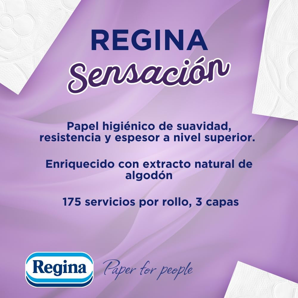 Regina Feeling - 42 ruller toiletpapir, 175 ark med tre lag, naturligt bomuldsekstrakt og delikat duft, 60% genbrugsplastikemballage, 100% Fsc-certificeret papir