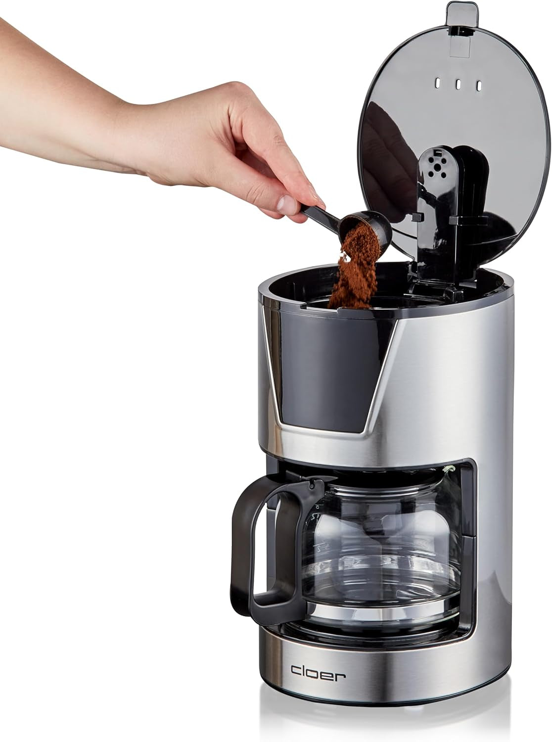 Cloer 6-kops filter espressomaskine, skånsom holde varm funktion, glaskaraffel, måleske, vandstandsindikator, anti-dryp system, automatisk sluk, filterstørrelse 1x2, 550W, rustfrit stål
