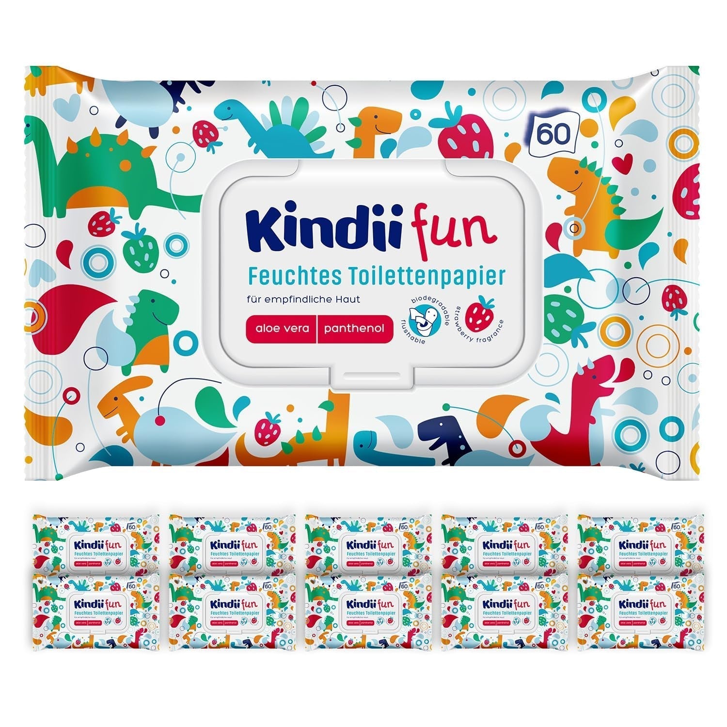 Kindii Fun Wet Toilet Paper - (10X60 stk.) Vådt toiletpapir - Kamille, Aloe Vera, Ph-neutral, Vandbar, Opfrisker det intime område - 600 stk.