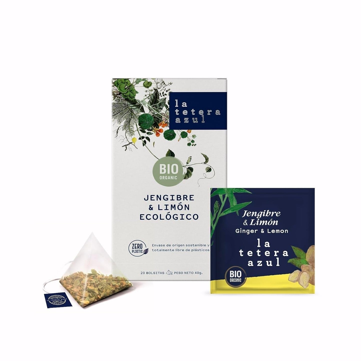 LA TETERA AZUL Økologisk infusion af ingefær og citron. Økologisk te til vægttab i pyramider. Ingefær og citron. 20 pyramider.