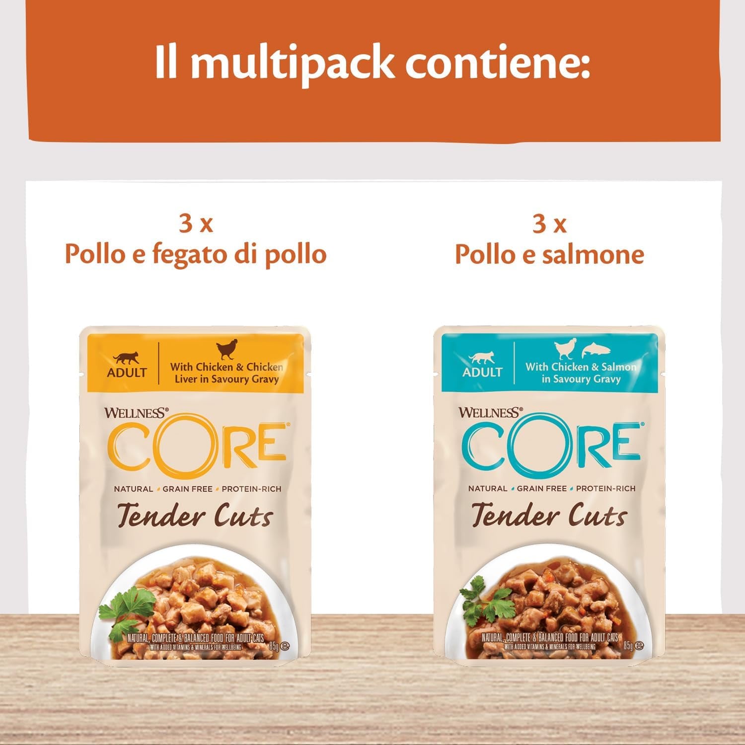 Wellness CORE Tender Cuts 6 x 85g, Kylling Selection Mix - Vådfoder til katte, møre stykker i sauce, kornfri, naturlig, hypoallergen, rig på protein, højt kødindhold