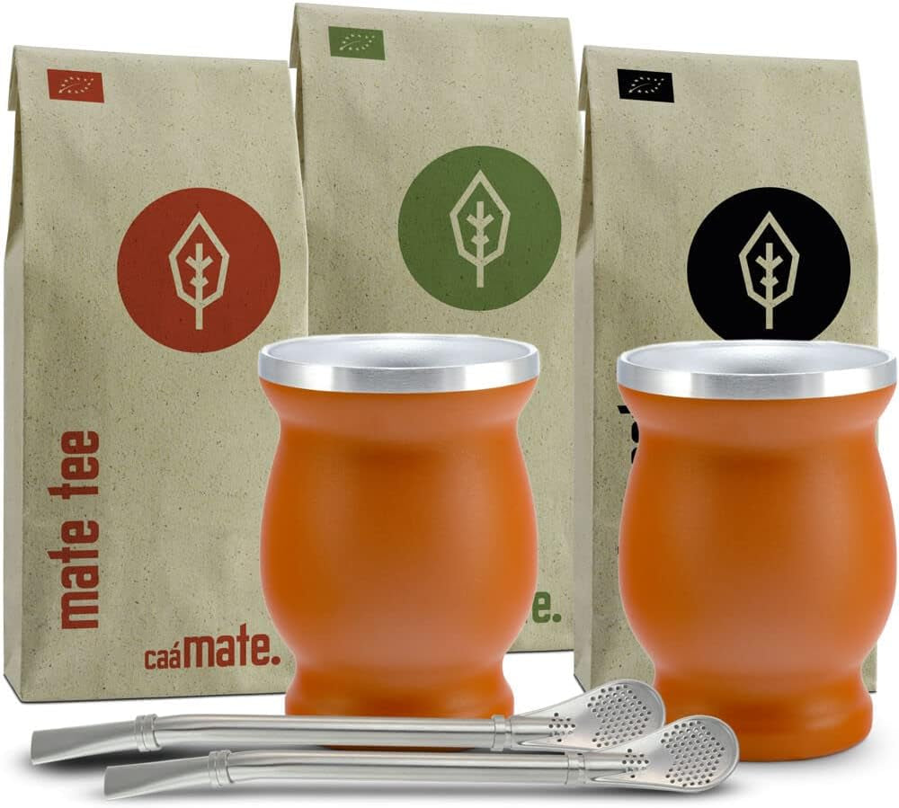 Mate Bio Tesæt ● 3 samlinger af Mate + 2 dobbeltvæggede rustfri stålkopper + 2 bombillaer + tilberedningsinstruktioner (sort)
