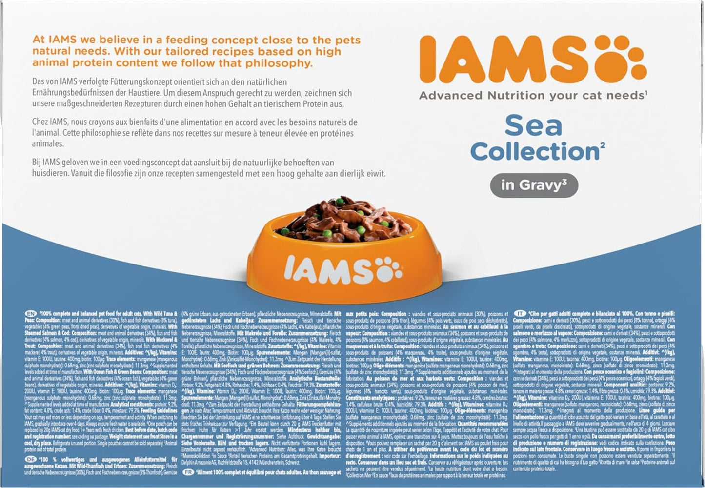 IAMS Delights Sea Collection Katzenfutter Nass - Multipack mit Fisch Sorten (Lachs, Thunfisch, Makrel, Seefisch) i Sauce, Nassfutter für Katzen fra 1 Jahr, 12 x 85g