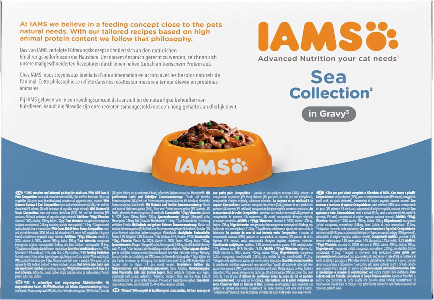 IAMS Delights Sea Collection Katzenfutter Nass - Multipack mit Fisch Sorten (Lachs, Thunfisch, Makrel, Seefisch) i Sauce, Nassfutter für Katzen fra 1 Jahr, 12 x 85g