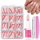 Sæt med falske negle - 240 stykker franske falske negle lim på - Pink White Gradient Design Kunstige negle Fuldt dækkende blød gel Naturlig og behagelig at have på (Pink Mandel)
