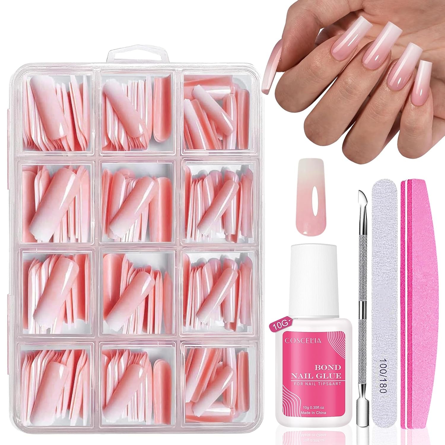 Sæt med falske negle - 240 stykker franske falske negle lim på - Pink White Gradient Design Kunstige negle Fuldt dækkende blød gel Naturlig og behagelig at have på (Pink Mandel)