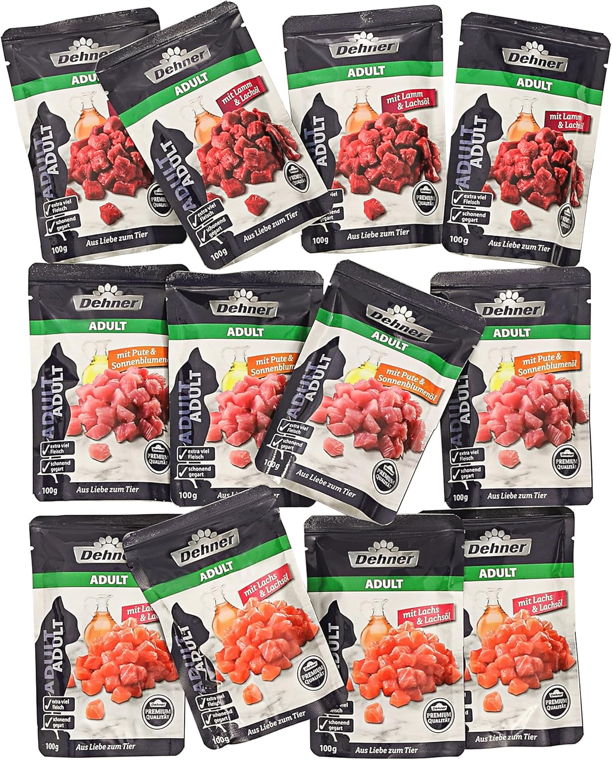 Dehner Premium våd kattefoder, multipakke, voksne katte, 4 stykker hver: lam / kalkun / laks, 12 poser x 100 g (1,2 kg)