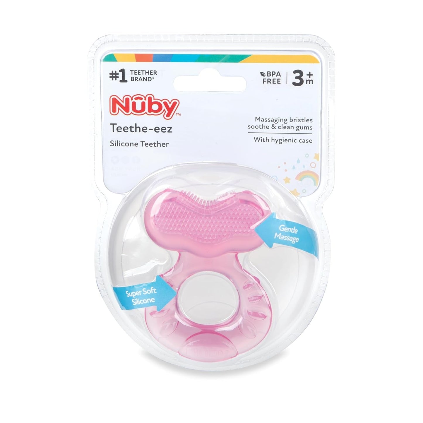Nuby Teethe-eez blød silikonebytning | Silikonehjælpemiddel med struktureret overflade til massage af tandkød | Hygiejnisk betræk inkluderet | Pink | Fra 3 måneder