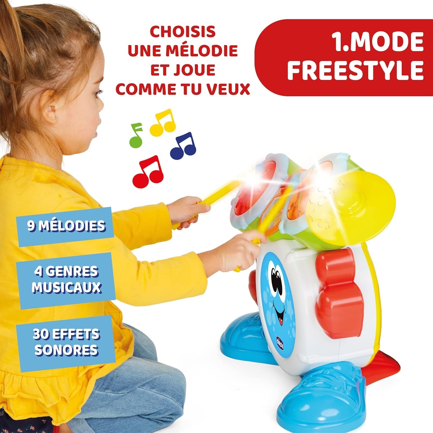 Chicco 00009820100000 Mi First trommesæt med lys og lyde, 3 spilletilstande Musikinstrument med batteri til børn, flerfarvet, stor Jucarii Bebe Naty Shop