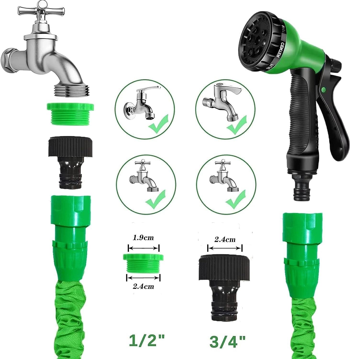Haveslange Magic fleksibel forlængelig slange med 1,9 cm 1,27 cm fittings 8-funktions spraydyse blå eller grøn 15m