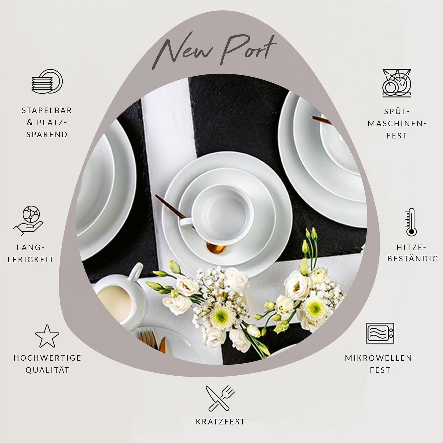 Sänger New Port kaffekopsæt, 12 kopper sæt til 6, hvide porcelænkopper og underkopper, 150 ml | PREMIUM KOLLEKTIONEN