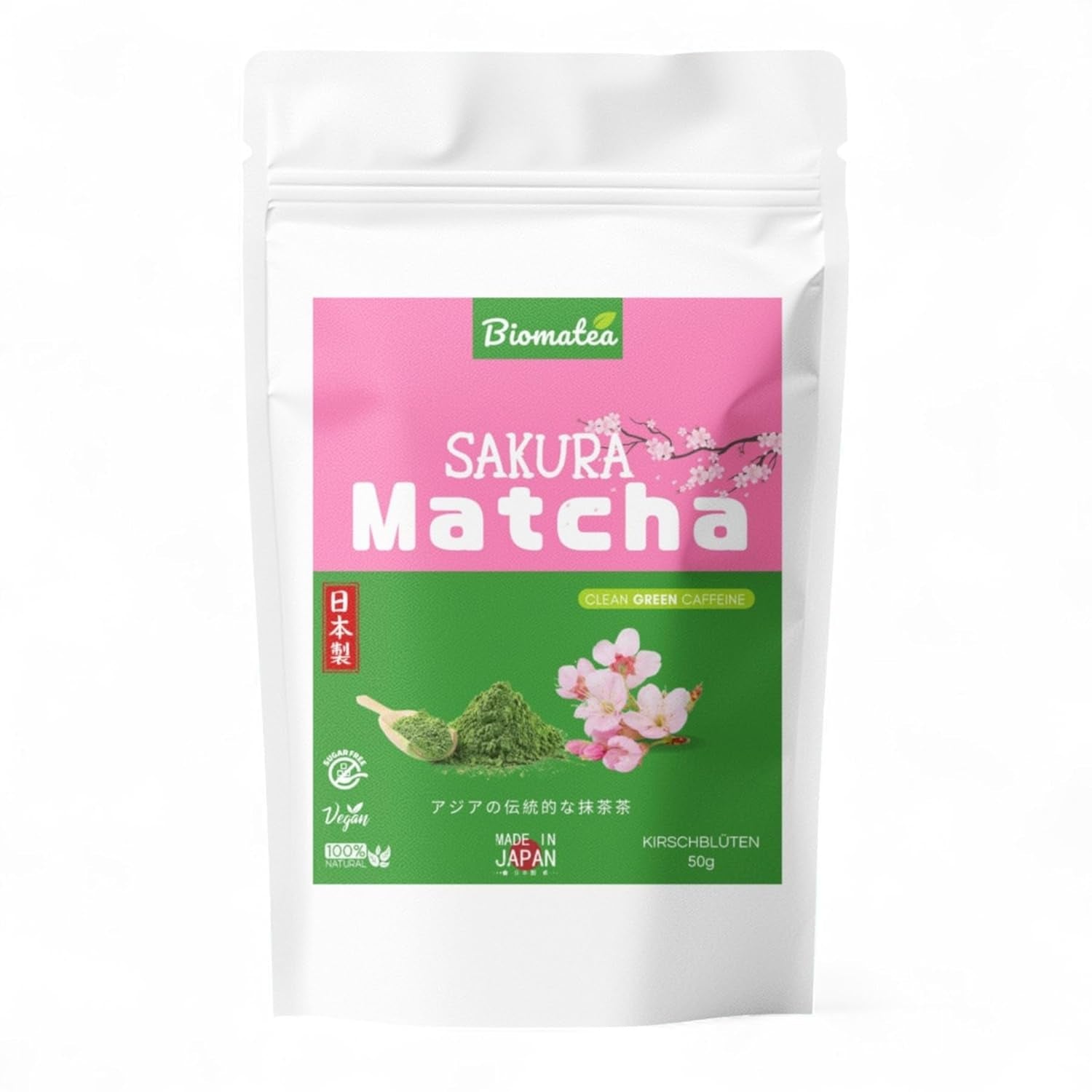 Sakura Matcha te 50 g - ceremoniel kvalitet fra Japan - Premium grøn te med Sakura blomsterpulver - Første høst, stenmalet, vegansk, ingen tilsætningsstoffer