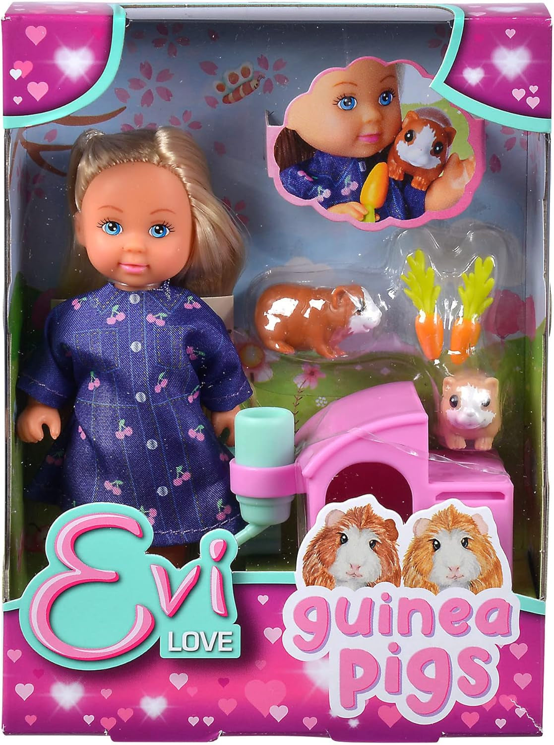 Simba Evi elsker Marsvin Legedukke med to marsvin og hus, vandflaske og gulerødder, 12 cm, 3+