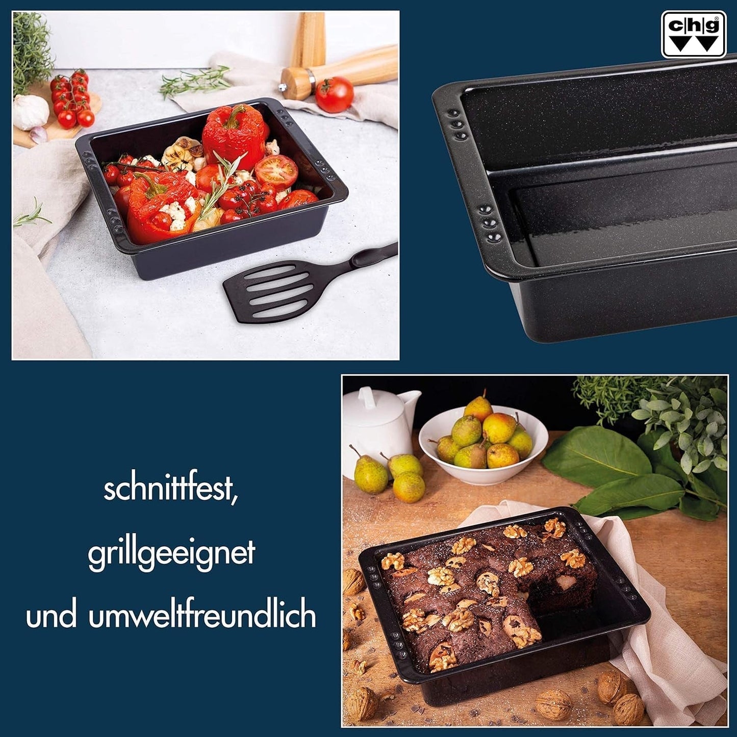 Chg SET 341-46-60 Extra Tiefe Ofenform (7,0 Cm) "Emaille" Mit Profi-Pfannenwender", Schwarz Gesprenkelt Forme og bakker til bagning Naty Shop