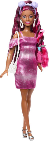 Barbie Doll Sjovt stilfuldt hår med ekstra langt farverigt sort hår og glitrende lyserød kjole 10 Frisure og modetilbehør JDC86