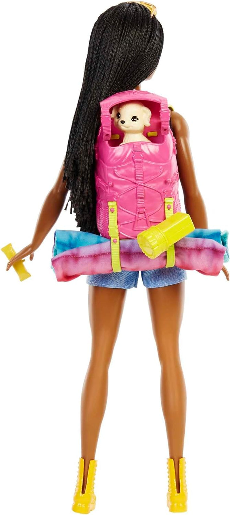 Barbie HDF74 Twin Pack Dukke! Brooklyn Camping Doll (brunette med flettede pigtails, ca. 29 cm) med hvalp, rygsæk, sovepose, 10 campingtilbehør, gave til børn fra 3 år og opefter
