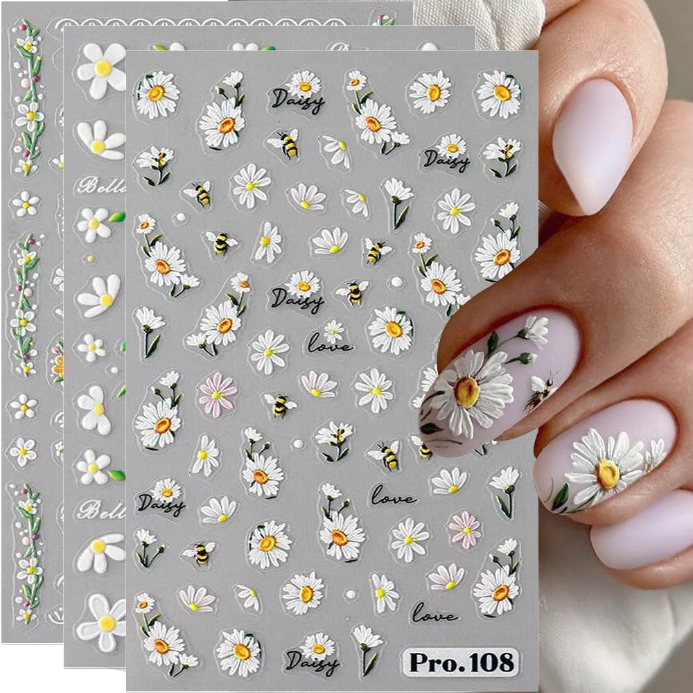 5 stk Geprägte Gänseblümchen Nagelsticker Selbstklebend Blumen Nagelaufkleber Gänseblümchen Schmetterling Nagel Sticker Nageldesign Aufkleber Nägel Zubehör Blume Nail Sticker Flower Nail Art Stickers