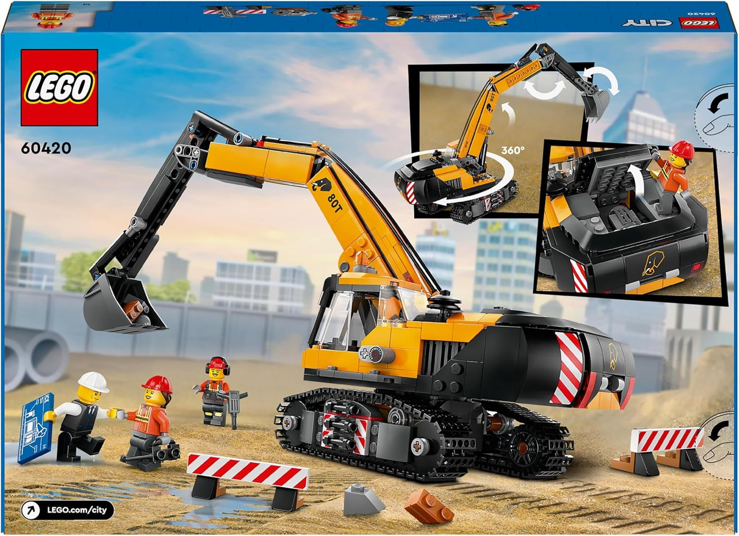 LEGO City larvegravemaskine, legetøjsgravemaskine til børn fra 8 år, byggelegetøj med gravemaskinemodel, bygbar lastbil med tilbehør og 3 minifigurer 60420 Byggesæt Besuche den LEGO-Store