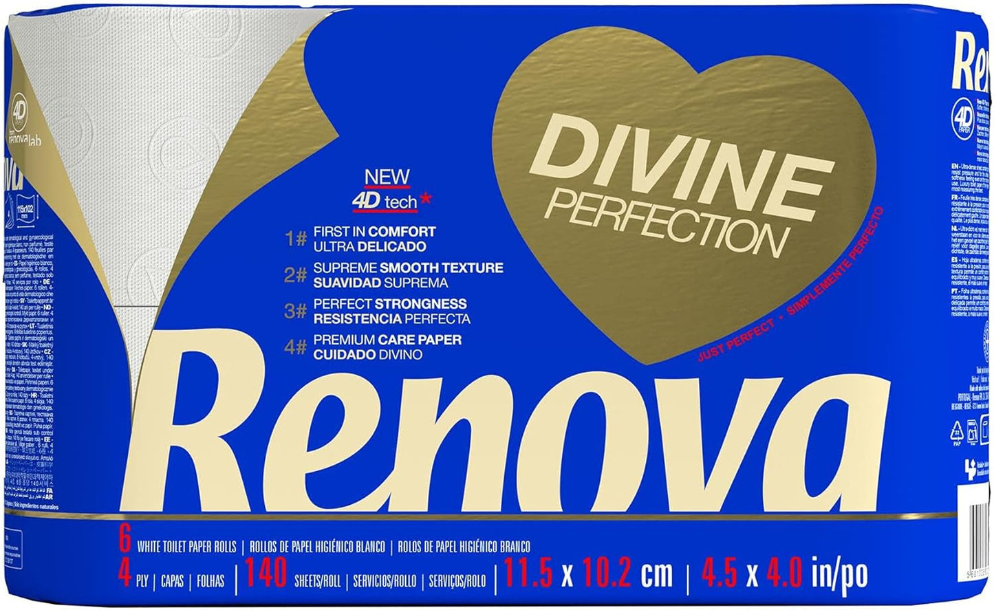 Renova Renova Divine Perfection toiletpapir, 42 ruller, premium toiletpapir, 4-lags, ultrablødt, ekstra styrke, tykt, blødt og absorberende, Fsc-certificeret papir, 4400G