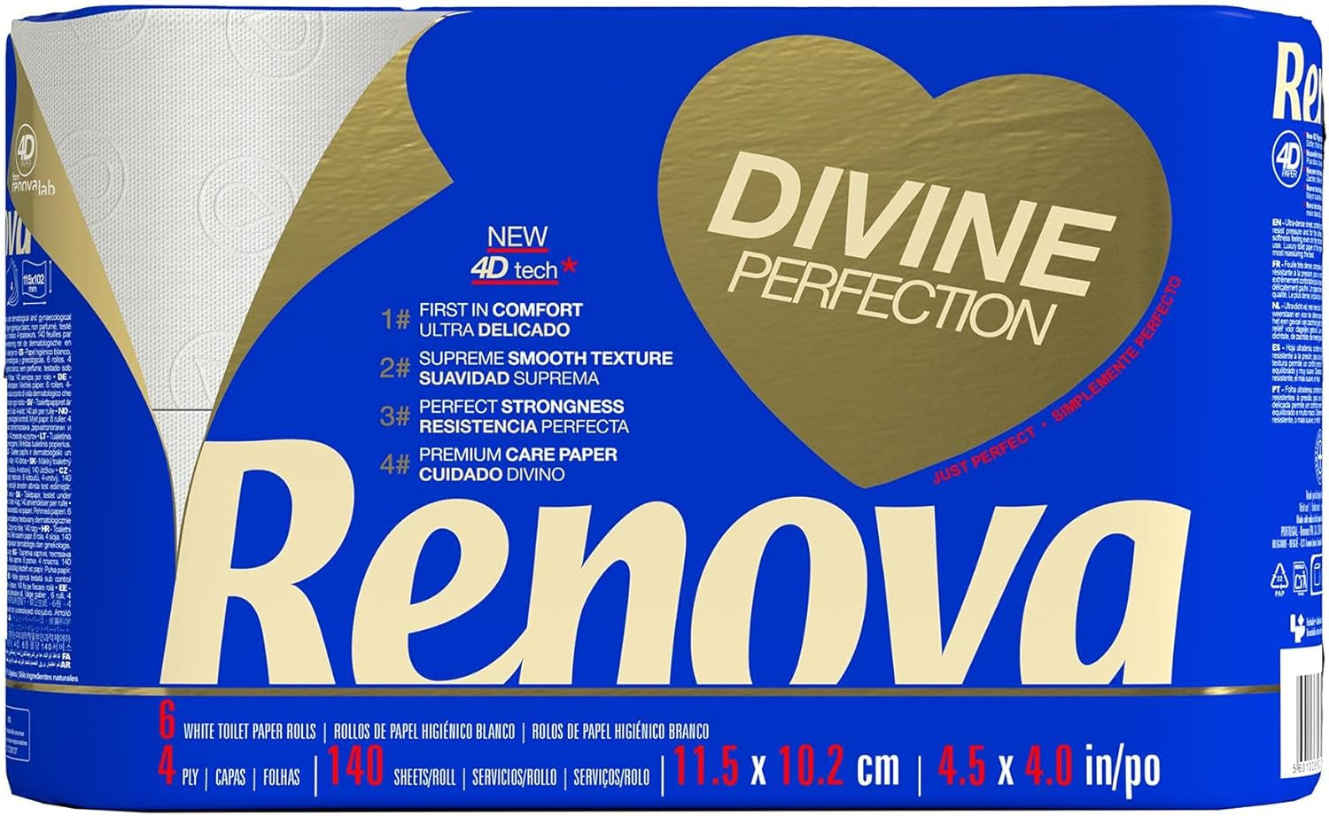 Renova Renova Divine Perfection toiletpapir, 42 ruller, premium toiletpapir, 4-lags, ultrablødt, ekstra styrke, tykt, blødt og absorberende, Fsc-certificeret papir, 4400G