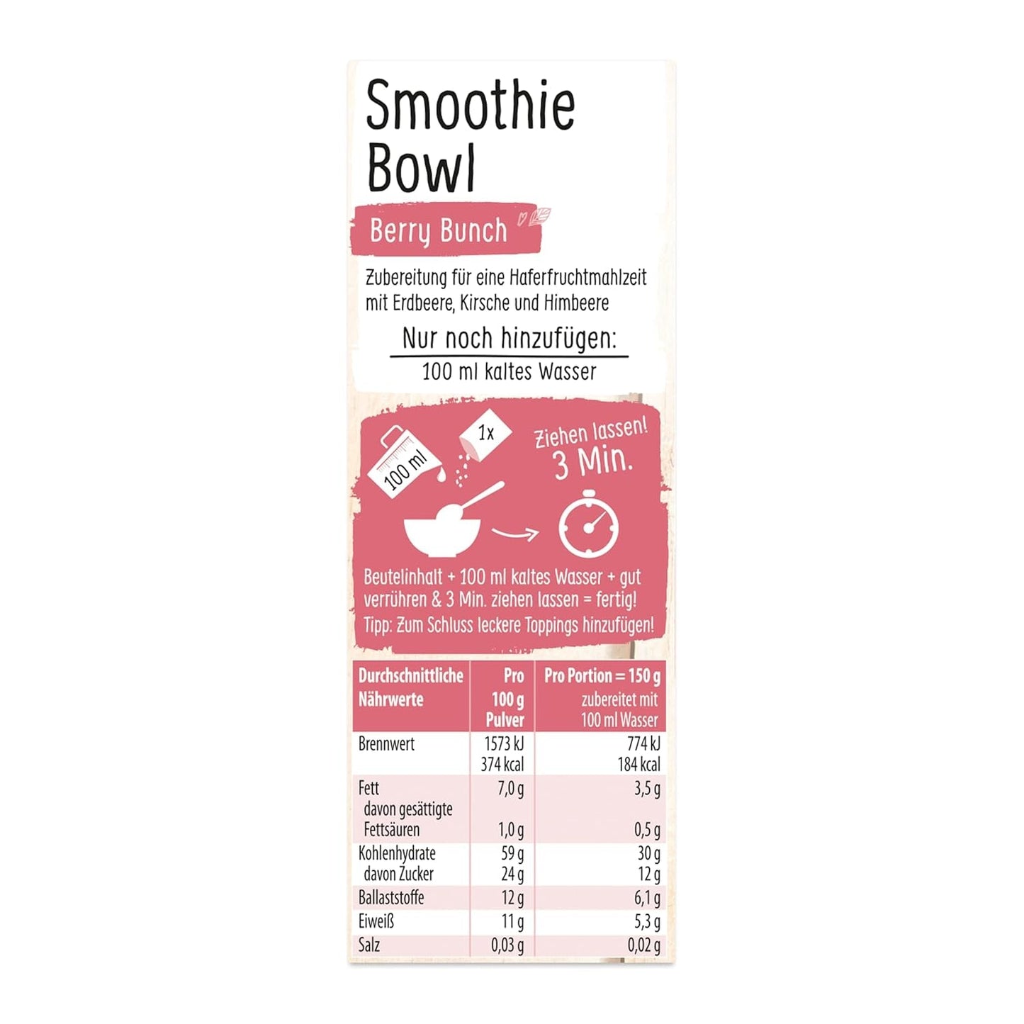 RUF Smoothie Bowl Bær Bunch Havre morgenmadssnack med bær og chiafrø, hurtig og nem at tilberede, vegansk, 1 pose x 50 g (pakke med 3)