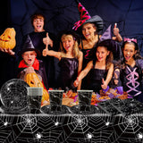 49 styks Halloween Spider Papir Bestiksæt Inklusiv tallerkener, servietter, glas og dug. Sort spisestel med desserttallerkener, servietter og glas.
