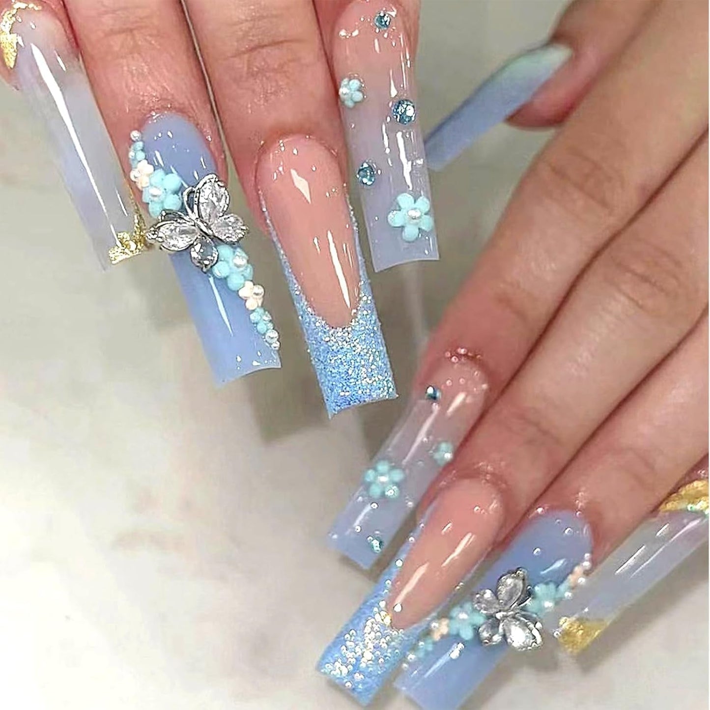 24 stk sommerfugl blå kunstige negle Firkantet tryk på fransk lang glitter glitrende rhinsten falske neglespidser