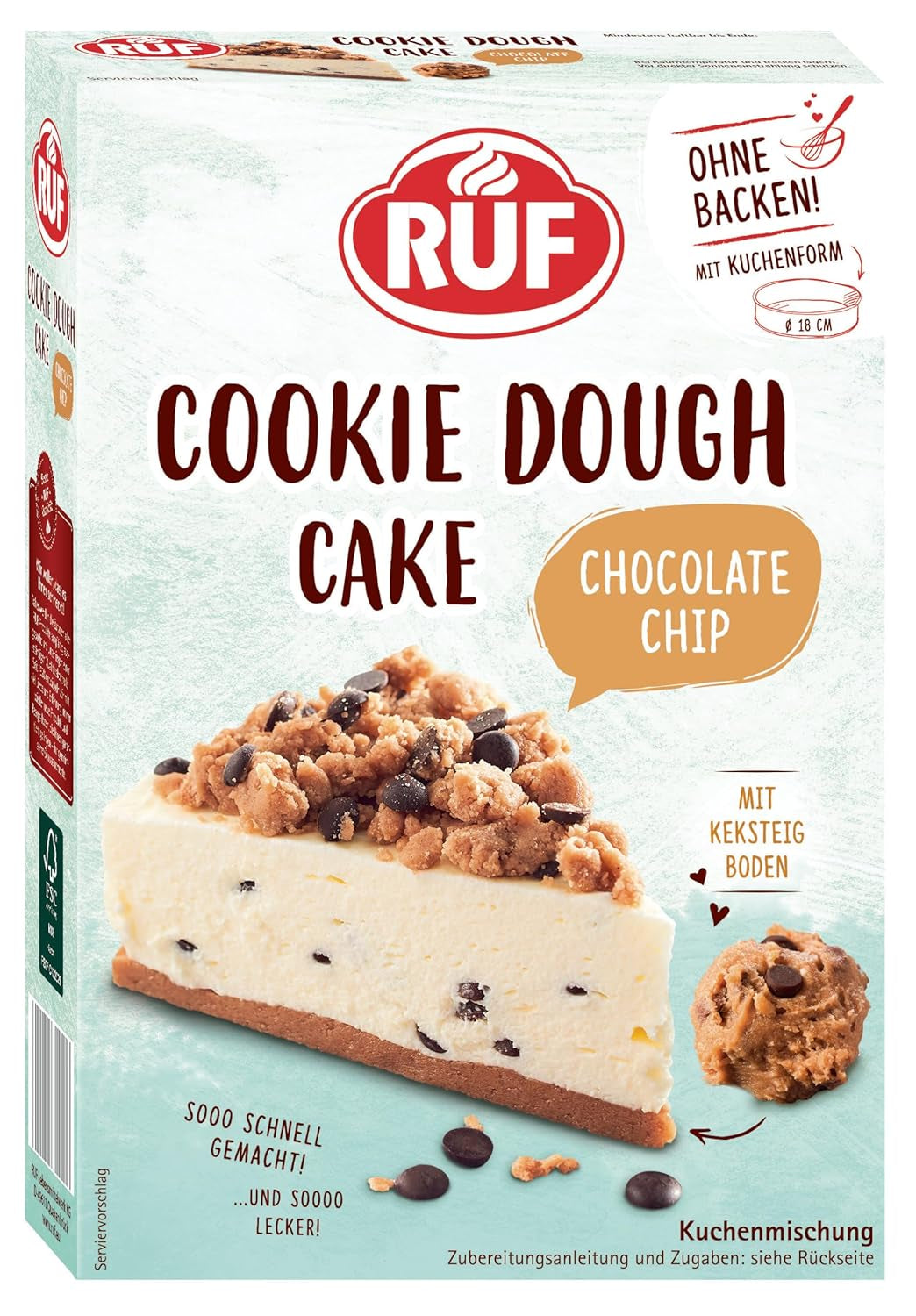 RUF Cookie Dough Cake Ohne Backen, Tortenboden Aus Keksteig Mit Frischkäse-Creme Und Schokoladenstückchen, Inkl. Kuchenform, 1X325G Blanding til bagning og madlavning Naty Shop 325 G (1Er Pack) Cookie Dough Cake