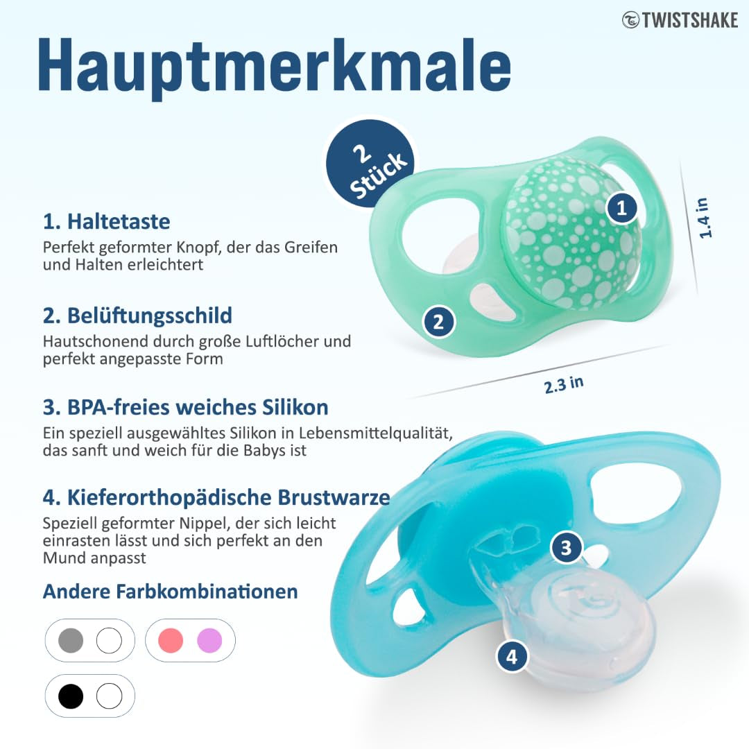 Twistshake babysutter – pakke med 2 | Ortodontisk form | Ultralet | Blød silikonesutter | BPA fri | Velegnet til babyer fra 6 måneder | Blå Grøn