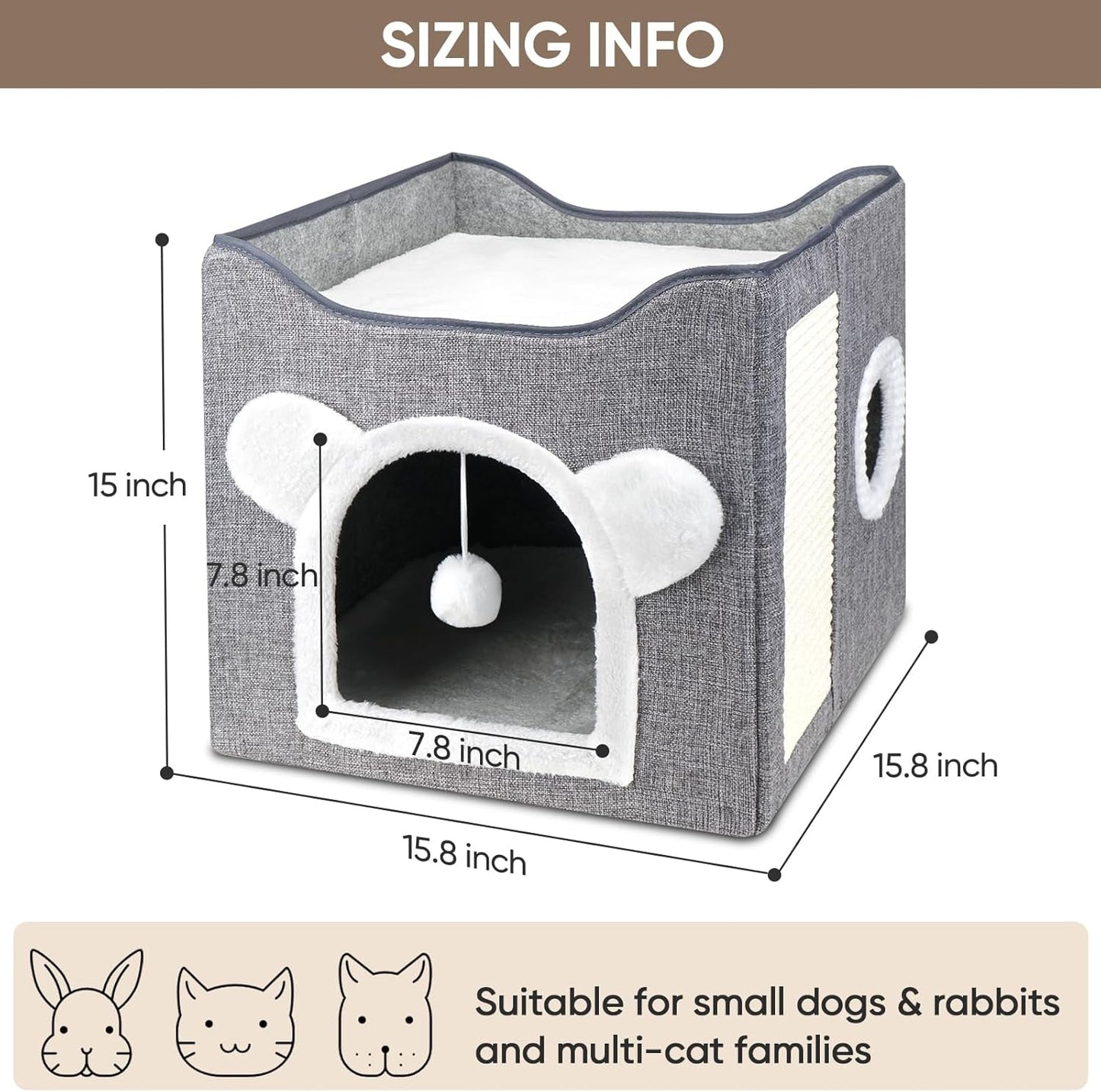 Katzenbetten für Indoor Katzen, Faltbares Katzenhaus, Katzenhöhle 2 Schicht Würfel Großer Raum Katzenbett med Kratzbrett und Spielball, 15,8 x 15,8 x 15 tommer