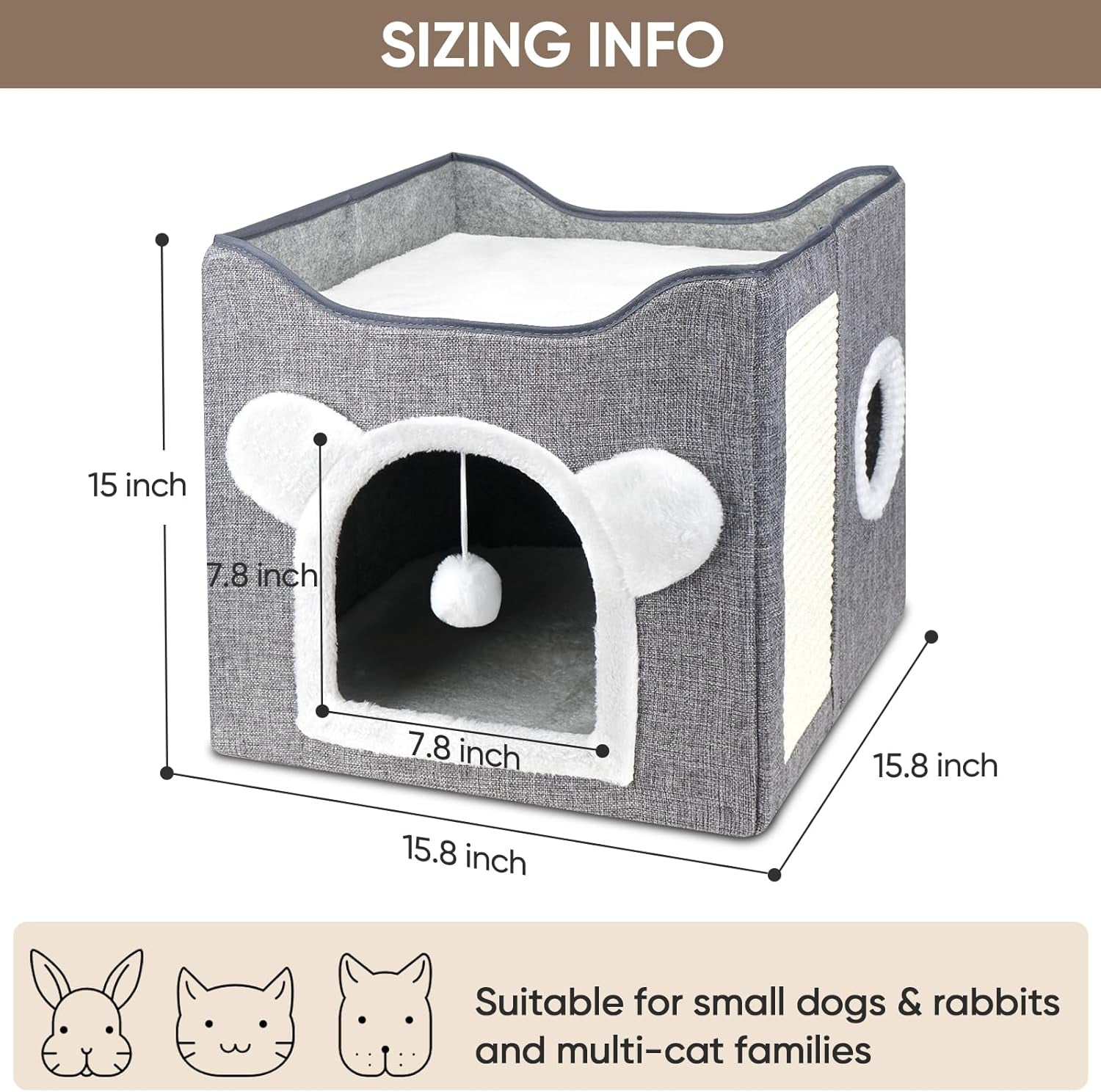 Katzenbetten für Indoor Katzen, Faltbares Katzenhaus, Katzenhöhle 2 Schicht Würfel Großer Raum Katzenbett med Kratzbrett und Spielball, 15,8 x 15,8 x 15 tommer