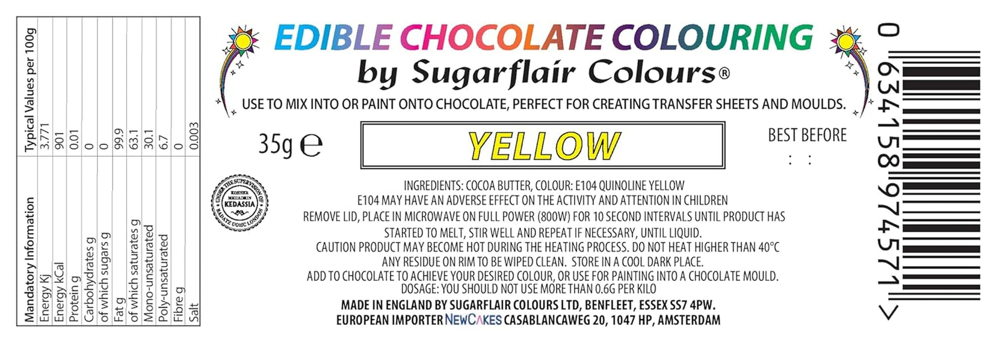 Madfarve Sugarflair Chocolate Gul madfarve til chokolade - Farvet økologisk kakaosmør, chokoladefarve til farvning af chokolade, praliner - 35g