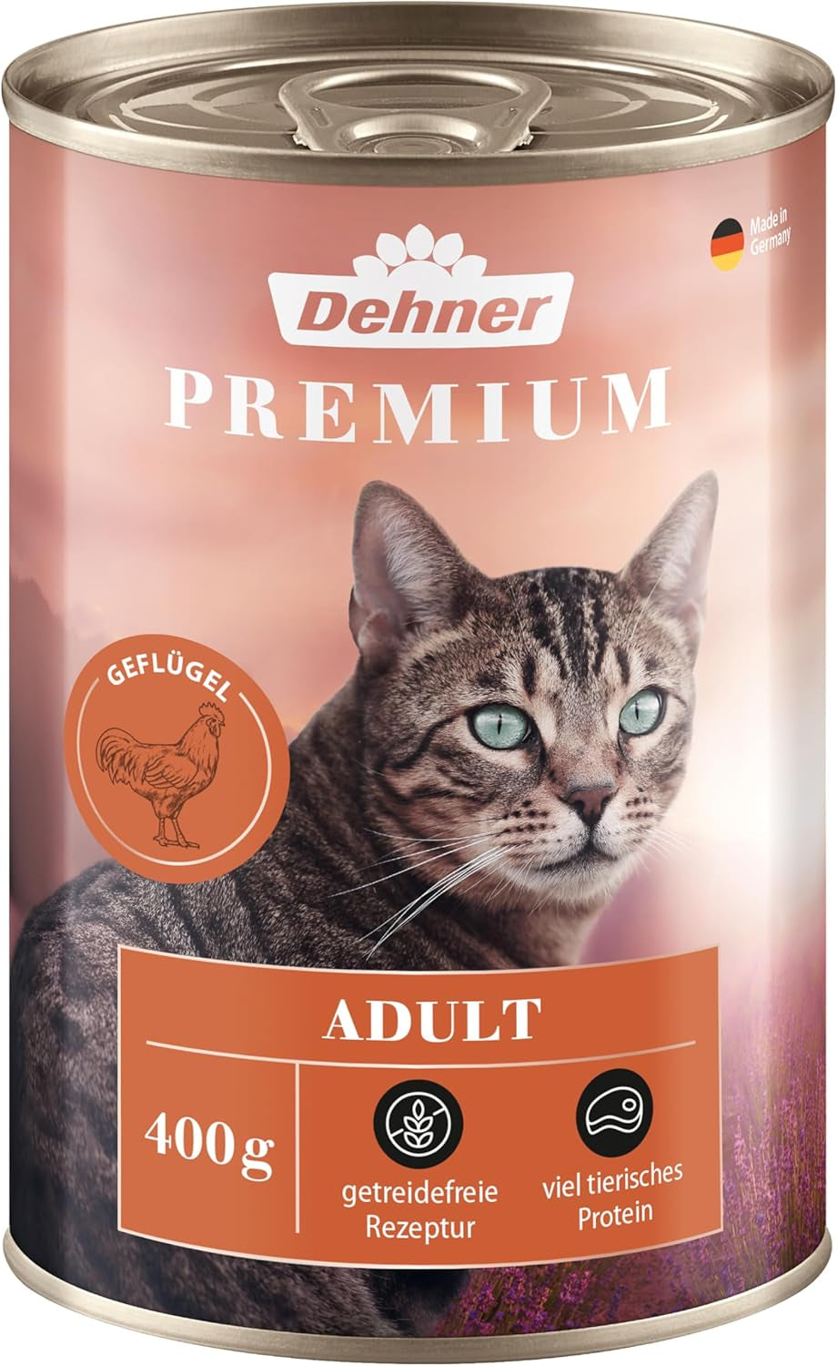 Dehner Premium våd kattefoder, kornfrit, til voksne katte, fjerkræ, 6 dåser á 400 g (2,4 kg)