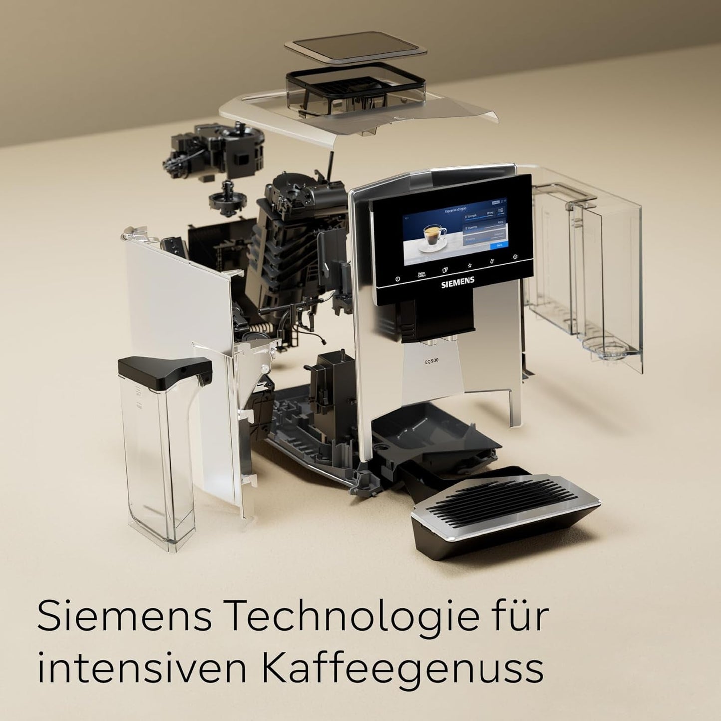 Siemens EQ900 TQ903D03 Automatisk Espressomaskine, App Control, Intuitiv Touch Display, Barista Mode, AromaBoost, Støjreduktion, Premium Kværn, Automatisk Damprensning, 1500 W, Rustfrit stål