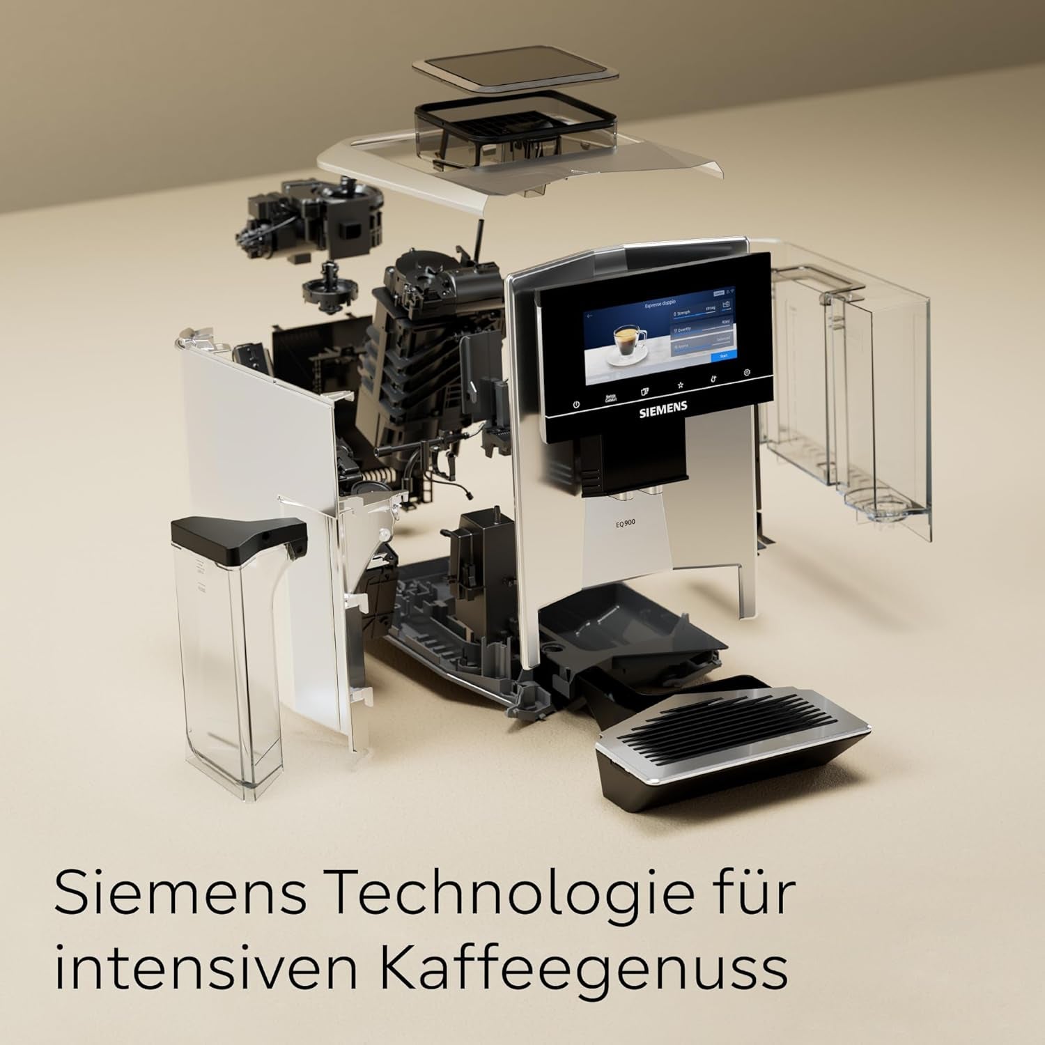 Siemens EQ900 TQ903D03 Automatisk Espressomaskine, App Control, Intuitiv Touch Display, Barista Mode, AromaBoost, Støjreduktion, Premium Kværn, Automatisk Damprensning, 1500 W, Rustfrit stål
