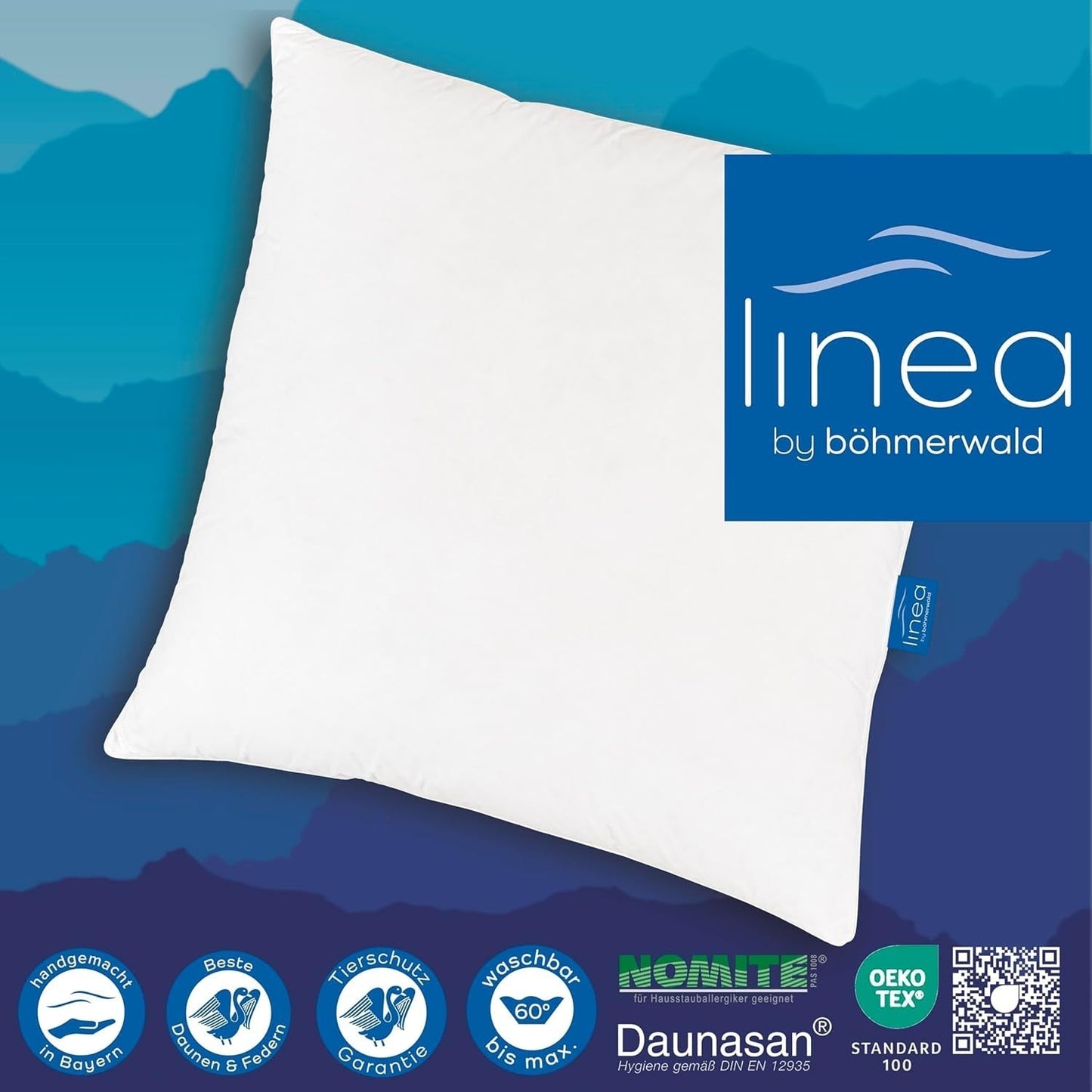LINEA by Böhmerwald - Hyggelig - Højkvalitets balancepude, 80X80, 70% klasse 1 fjer, 30% ny dun, velegnet til allergi, vaskbar op til 60°C, fremstillet i Tyskland Naty Shop standard puder