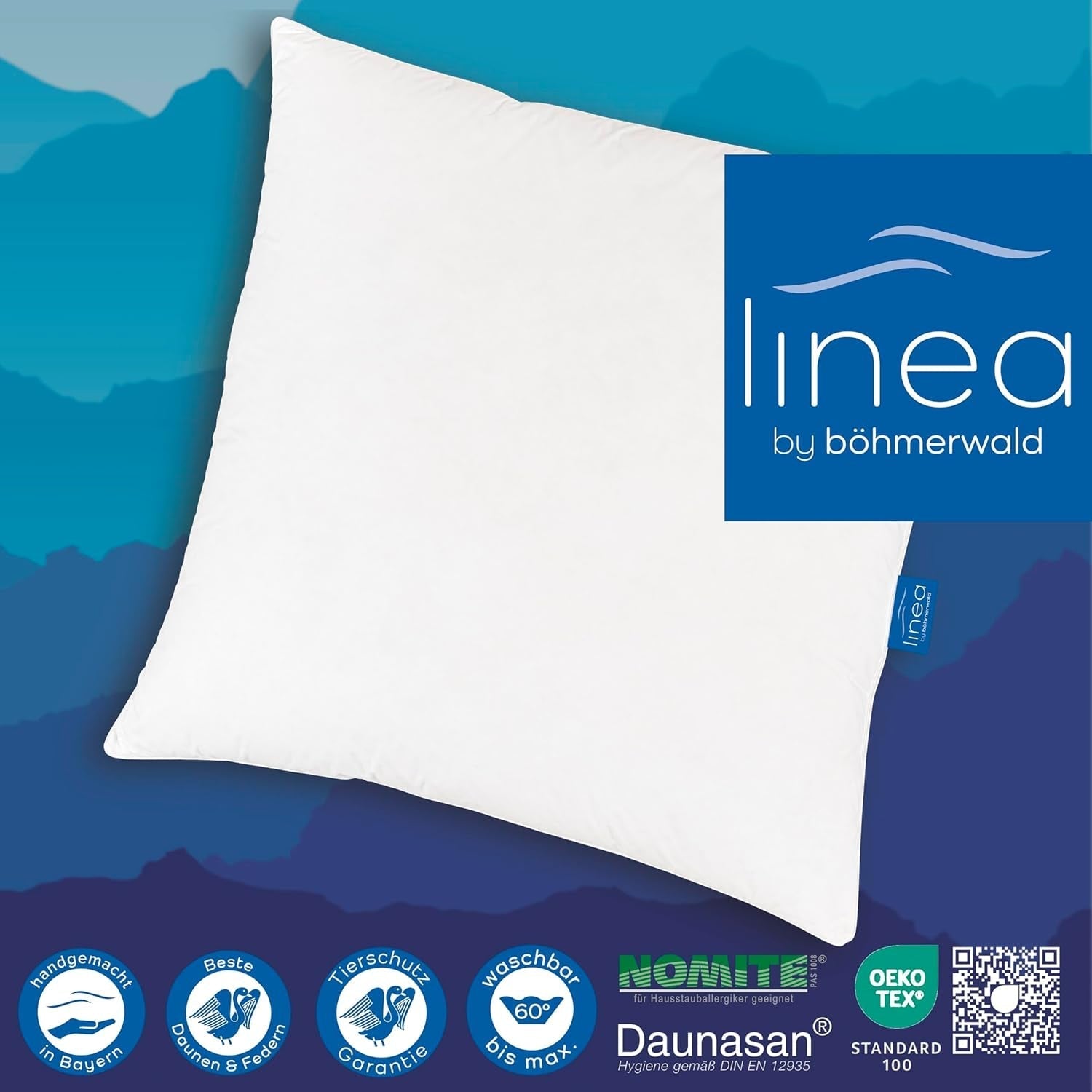 LINEA by Böhmerwald - Hyggelig - Højkvalitets balancepude, 80X80, 70% klasse 1 fjer, 30% ny dun, velegnet til allergi, vaskbar op til 60°C, fremstillet i Tyskland Naty Shop standard puder