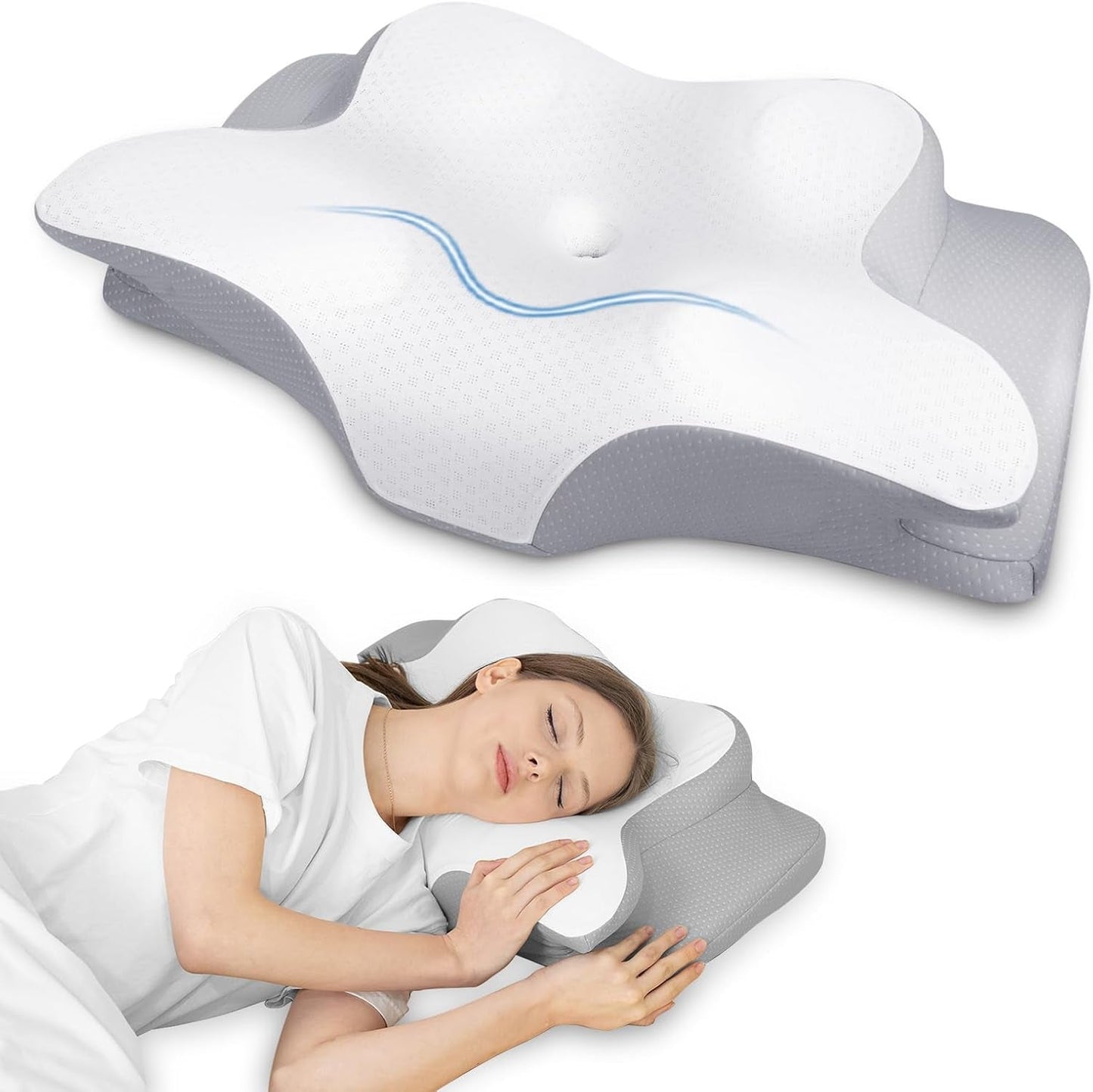 HOMCA Nakkepudepude, Memory Foam Ergonomisk pude 3D-kølepudebetræk til liggende, side- eller liggende stilling, 62 X 41 X 9,5/12,5 cm Cervikale ortopædiske puder Naty Shop Grey