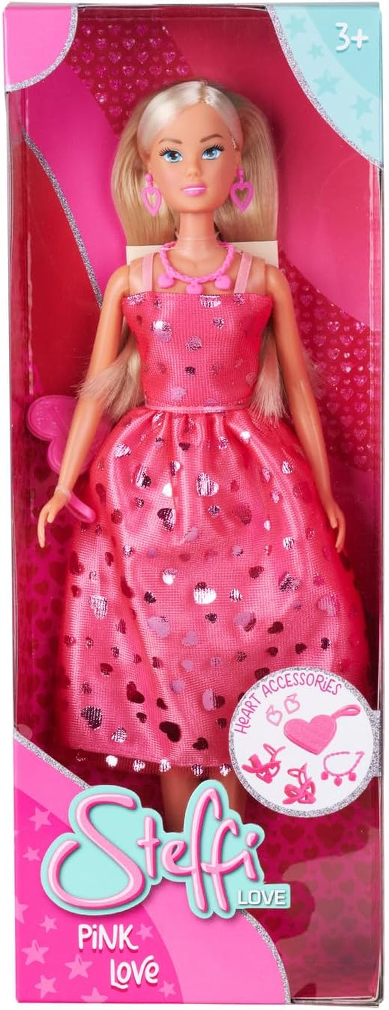 Simba Steffi Love Pink Love – Ankleidepuppe im pinken Glitzerkleid, inkl. Tilbehør i Herzform, 29 cm groß, Modepuppe for kreative Rollenspiel, für Kinder ab 3 Jahren