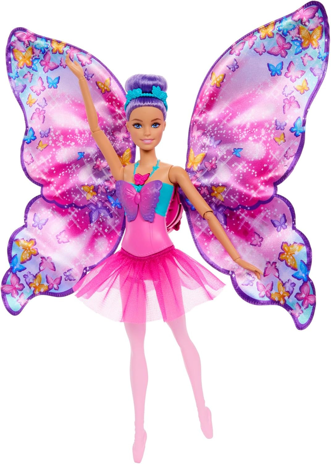 Barbie Dance And Flutter 2-i-1 Danser-til-sommerfugl transformationsdukke med åbne vinger, lilla hår, hårsmykker og aftagelige tutuer, HXJ10 Naty Shop Dolls Standardtitel