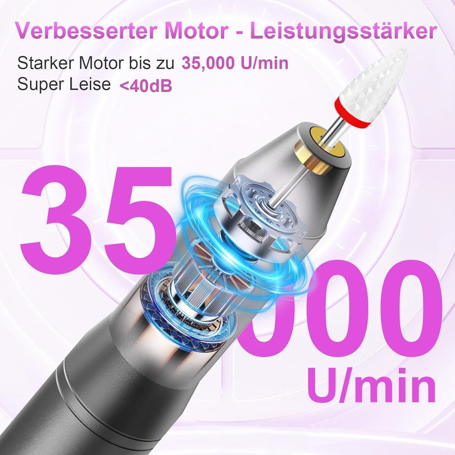 Trådløs elektrisk neglefil - 35000 RPM til gelnegle, 12 i 1 professionel negle- og akrylfil, 5-trins manicure- og pedicuresæt