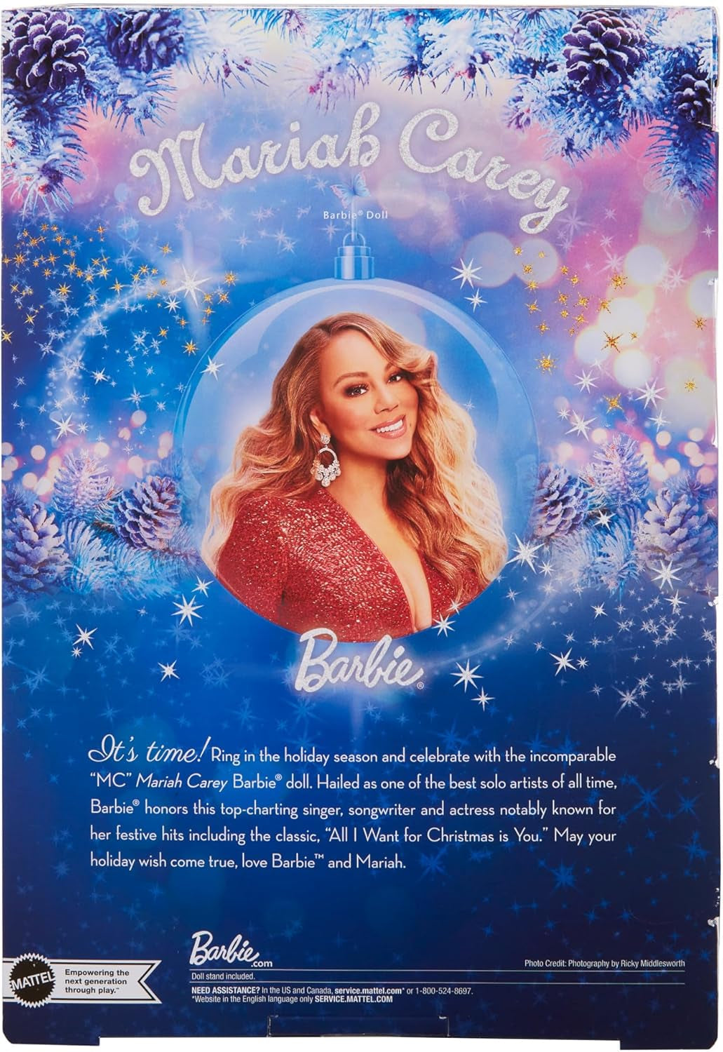 Barbie Mariah Carey - samlerdukke med glitrende rød kjole, flæser, slids, charmerende krøller, sølvtilbehør, røde høje hæle, juletradition, dekoration, HJX17